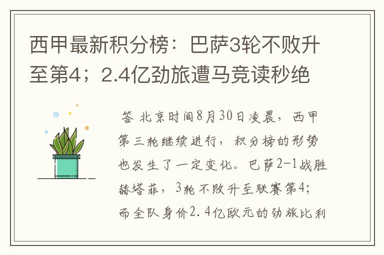 西甲最新积分榜:巴萨3轮不败升至第4;2.4亿劲旅遭马竞读秒绝平
