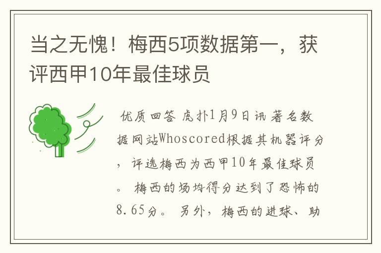 当之无愧!梅西5项数据第一,获评西甲10年最佳球员