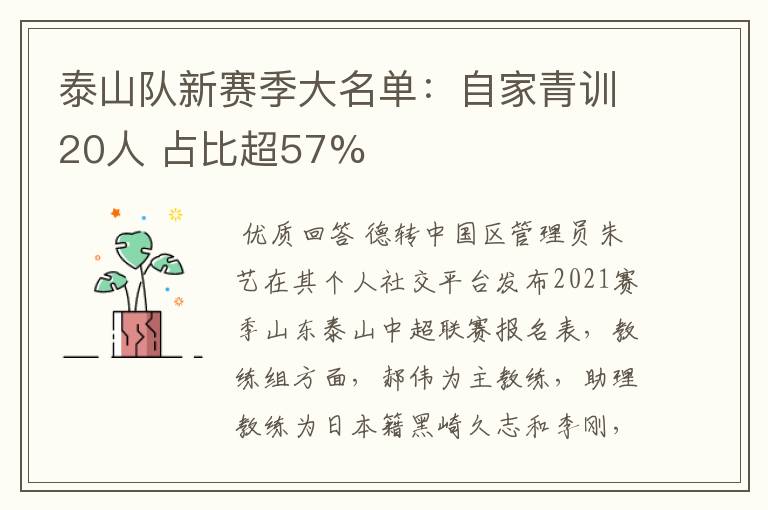 泰山队新赛季大名单:自家青训20人 占比超57%