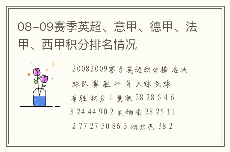 08-09赛季英超、意甲、德甲、法甲、西甲积分排名情况