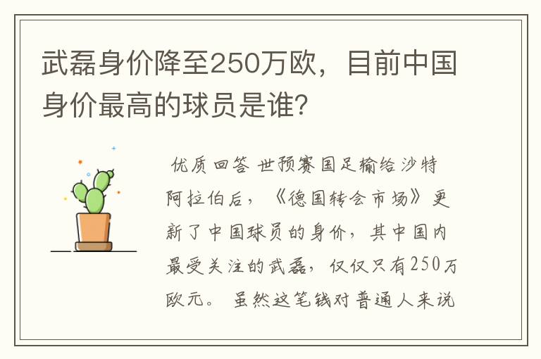 武磊身价降至250万欧,目前中国身价最高的球员是谁?