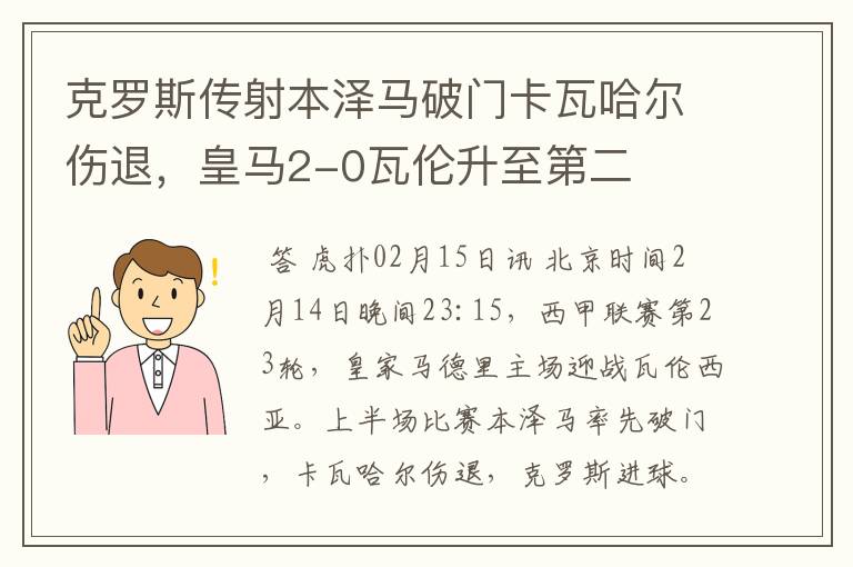 克罗斯传射本泽马破门卡瓦哈尔伤退,皇马2-0瓦伦升至第二