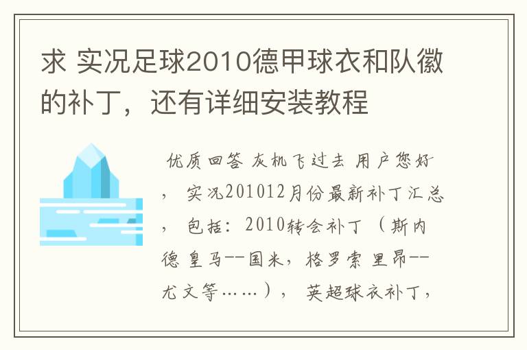 求 实况足球2010德甲球衣和队徽的补丁,还有详细安装教程