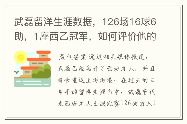 武磊留洋生涯数据,126场16球6助,1座西乙冠军,如何评价他的表现?