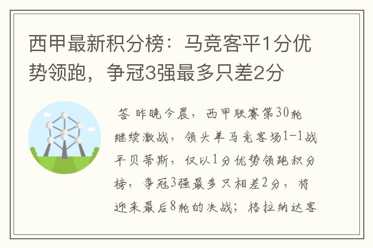 西甲最新积分榜:马竞客平1分优势领跑,争冠3强最多只差2分