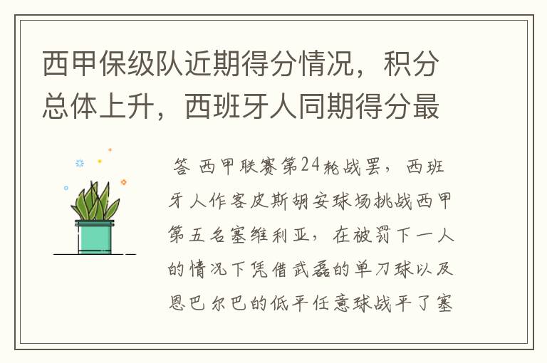 西甲保级队近期得分情况,积分总体上升,西班牙人同期得分最高