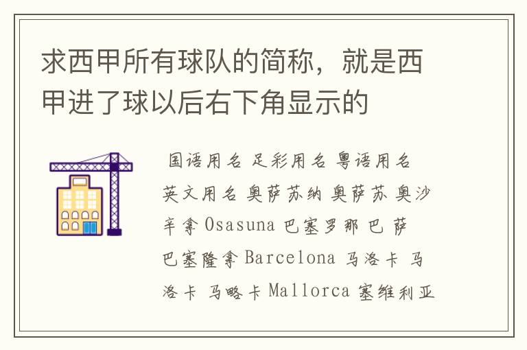 求西甲所有球队的简称,就是西甲进了球以后右下角显示的