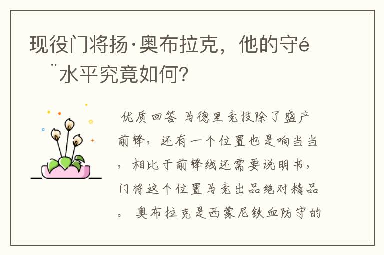现役门将扬·奥布拉克,他的守门水平究竟如何?