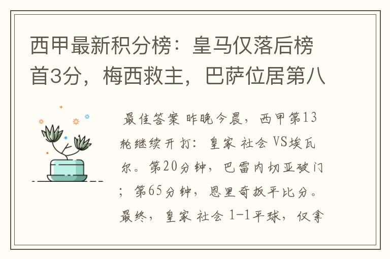 西甲最新积分榜:皇马仅落后榜首3分,梅西救主,巴萨位居第八