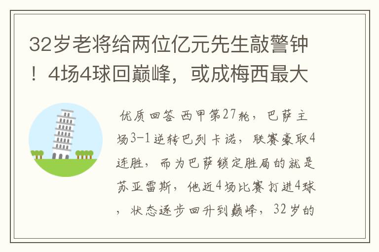 32岁老将给两位亿元先生敲警钟!4场4球回巅峰,或成梅西最大帮手