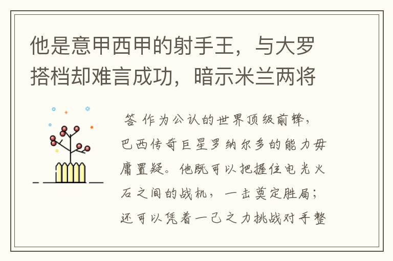 他是意甲西甲的射手王,与大罗搭档却难言成功,暗示米兰两将太强