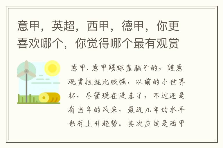 意甲,英超,西甲,德甲,你更喜欢哪个,你觉得哪个最有观赏性