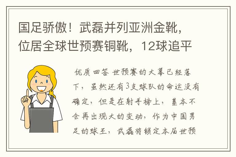 国足骄傲!武磊并列亚洲金靴,位居全球世预赛铜靴,12球追平凯恩