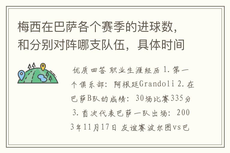 梅西在巴萨各个赛季的进球数,和分别对阵哪支队伍,具体时间,以及助攻数,反正越详细越好,非常感谢!