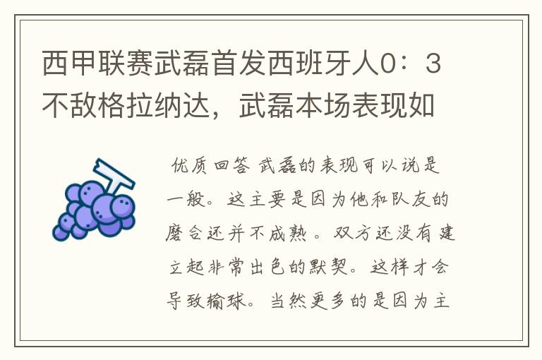 西甲联赛武磊首发西班牙人0:3不敌格拉纳达,武磊本场表现如何?