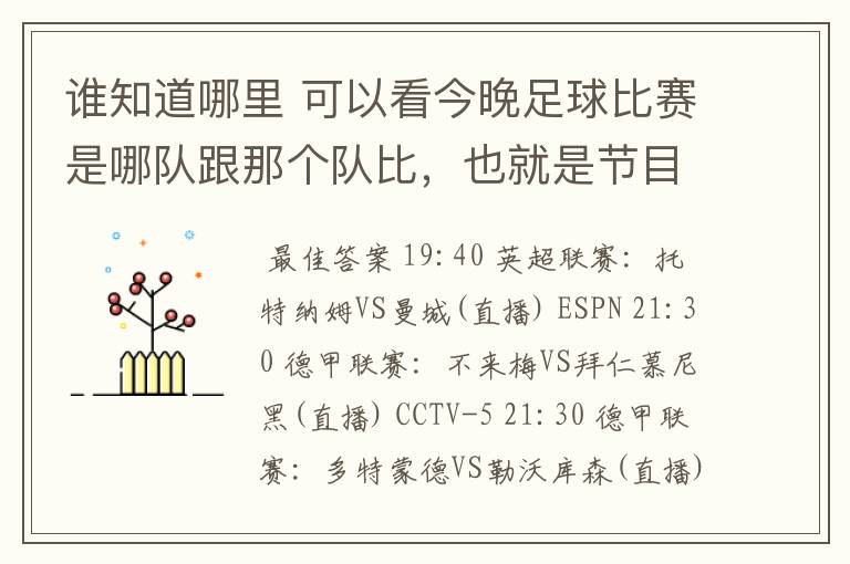 谁知道哪里 可以看今晚足球比赛是哪队跟那个队比,也就是节目表吧。