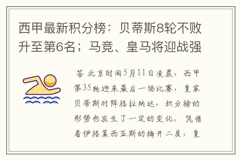 西甲最新积分榜:贝蒂斯8轮不败升至第6名;马竞、皇马将迎战强敌