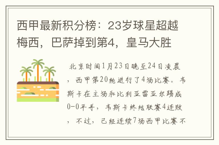 西甲最新积分榜:23岁球星超越梅西,巴萨掉到第4,皇马大胜