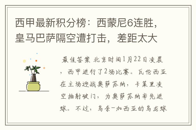 西甲最新积分榜:西蒙尼6连胜,皇马巴萨隔空遭打击,差距太大