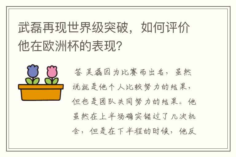 武磊再现世界级突破,如何评价他在欧洲杯的表现?