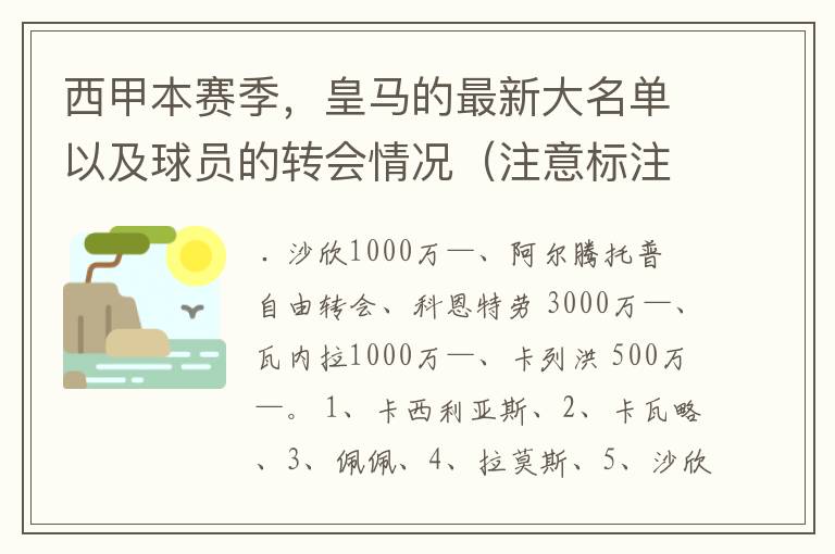 西甲本赛季,皇马的最新大名单以及球员的转会情况(注意标注球员身价)