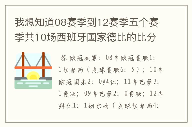 我想知道08赛季到12赛季五个赛季共10场西班牙国家德比的比分,每场的比分 还有这五个赛季欧冠决赛的.