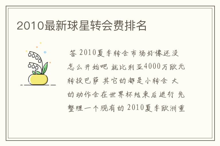 2010最新球星转会费排名