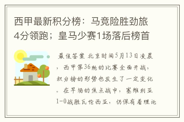 西甲最新积分榜:马竞险胜劲旅4分领跑;皇马少赛1场落后榜首5分