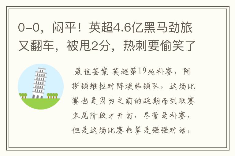 0-0,闷平!英超4.6亿黑马劲旅又翻车,被甩2分,热刺要偷笑了