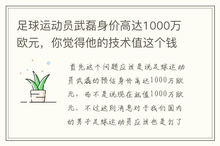 足球运动员武磊身价高达1000万欧元，你觉得他的技术值这个钱吗？
