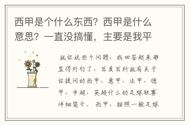 西甲是个什么东西?西甲是什么意思?一直没搞懂,主要是我平时基本不看西甲呀,足球什么的。ASD