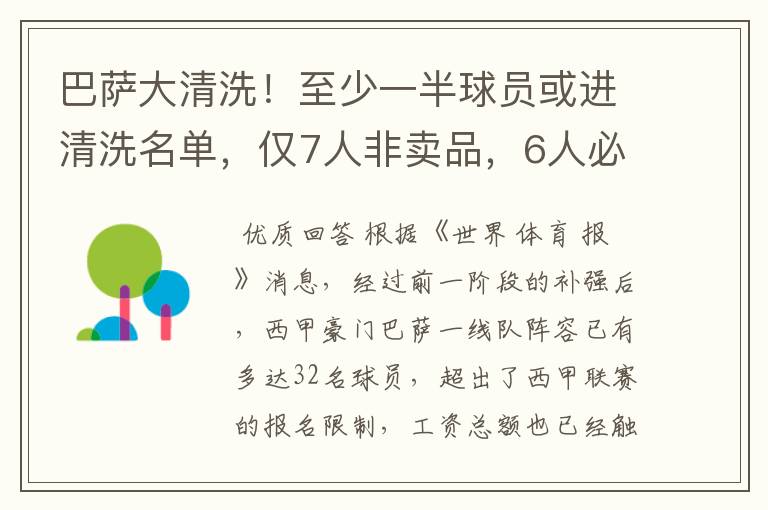 巴萨大清洗!至少一半球员或进清洗名单,仅7人非卖品,6人必须走