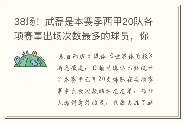 38场!武磊是本赛季西甲20队各项赛事出场次数最多的球员,你怎么看?