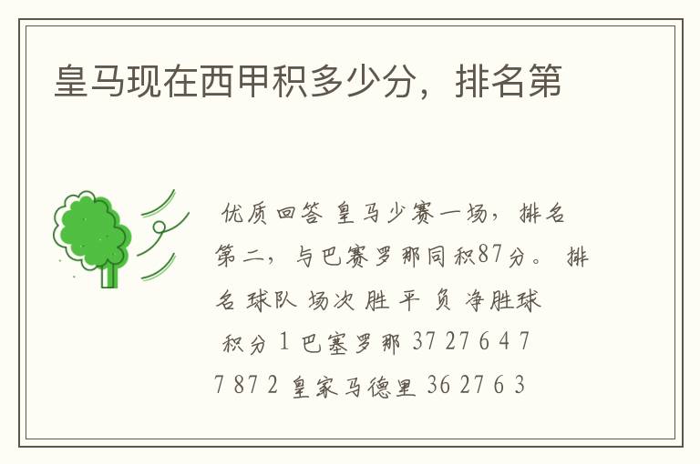 皇马现在西甲积多少分,排名第