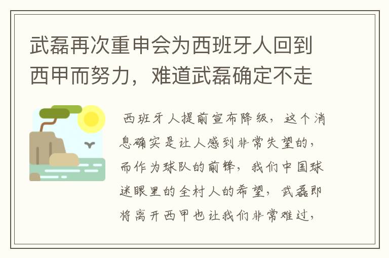 武磊再次重申会为西班牙人回到西甲而努力,难道武磊确定不走了?