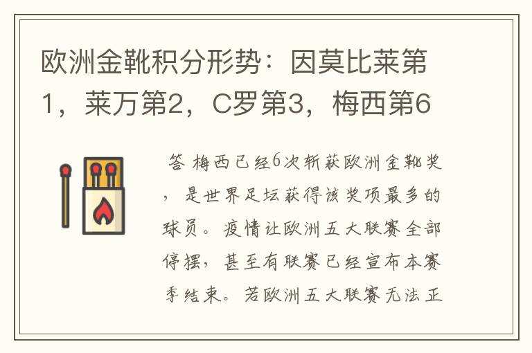 欧洲金靴积分形势:因莫比莱第1,莱万第2,C罗第3,梅西第6