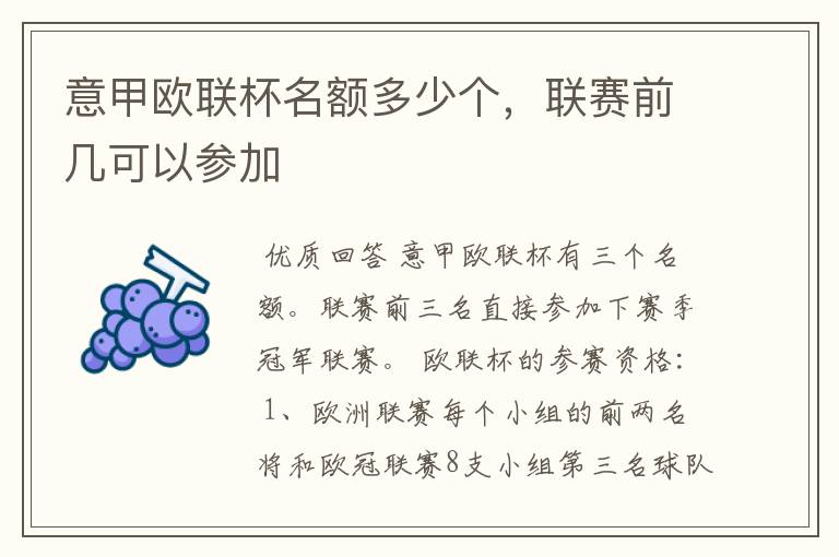 意甲欧联杯名额多少个,联赛前几可以参加