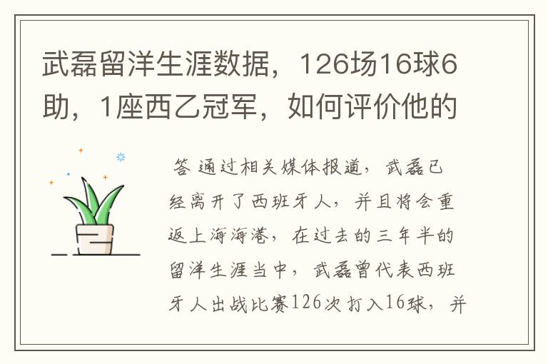 武磊留洋生涯数据,126场16球6助,1座西乙冠军,如何评价他的表现?