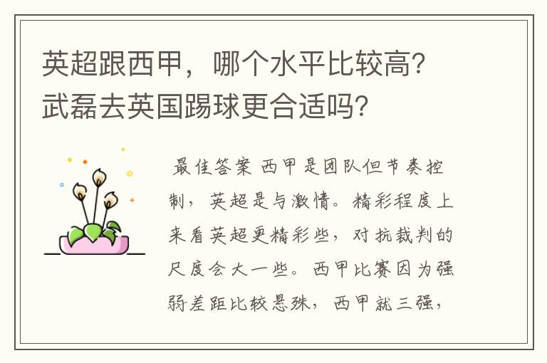 英超跟西甲,哪个水平比较高?武磊去英国踢球更合适吗?