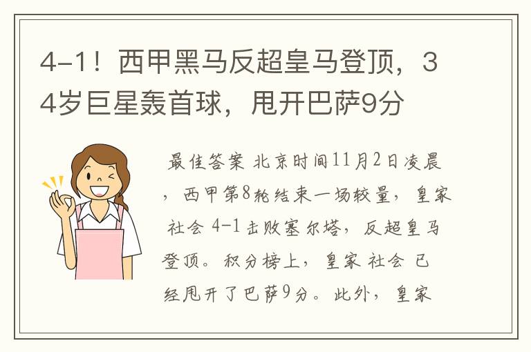 4-1!西甲黑马反超皇马登顶,34岁巨星轰首球,甩开巴萨9分