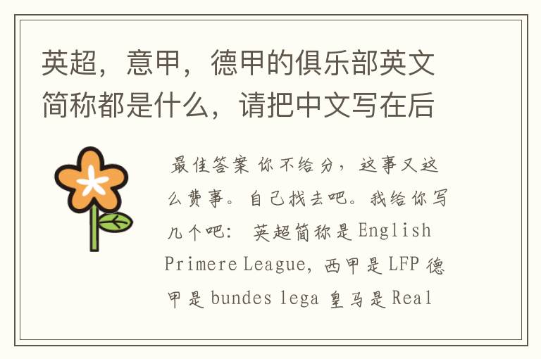 英超,意甲,德甲的俱乐部英文简称都是什么,请把中文写在后面