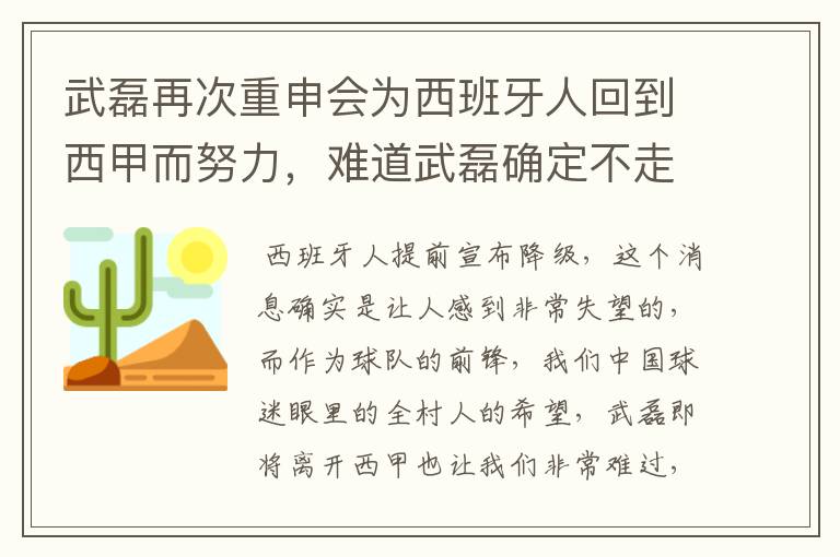 武磊再次重申会为西班牙人回到西甲而努力,难道武磊确定不走了?