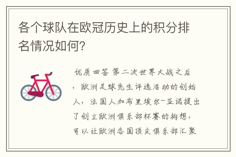 各个球队在欧冠历史上的积分排名情况如何?