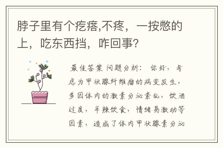 脖子里有个疙瘩,不疼,一按憋的上,吃东西挡,咋回事?