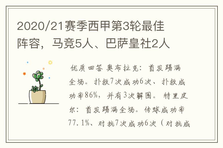 2020/21赛季西甲第3轮最佳阵容,马竞5人、巴萨皇社2人
