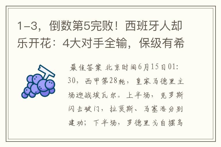 1-3,倒数第5完败!西班牙人却乐开花:4大对手全输,保级有希望