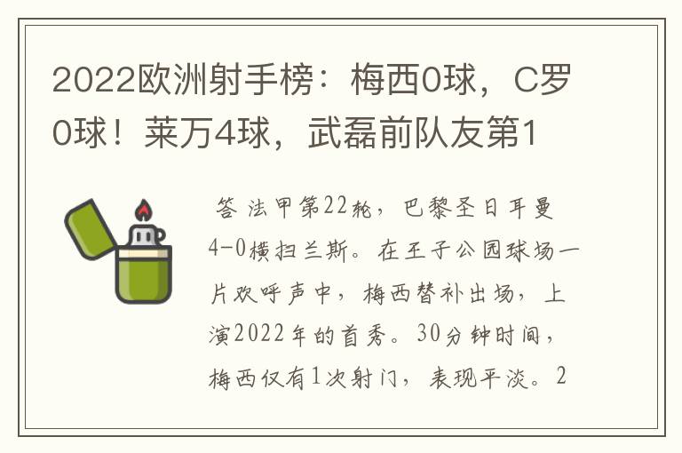 2022欧洲射手榜:梅西0球,C罗0球!莱万4球,武磊前队友第1