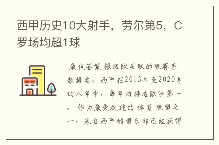 西甲历史10大射手,劳尔第5,C罗场均超1球