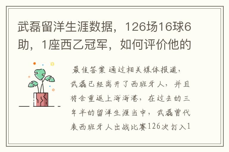 武磊留洋生涯数据,126场16球6助,1座西乙冠军,如何评价他的表现?