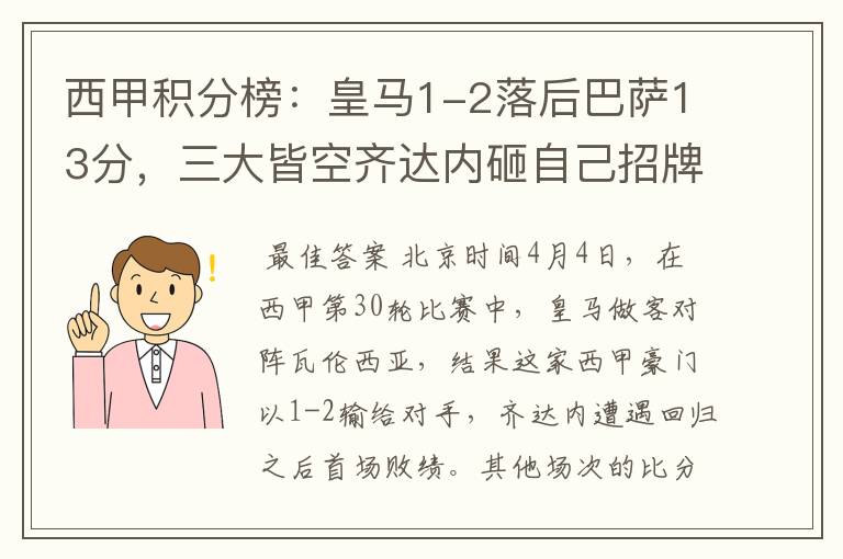 西甲积分榜:皇马1-2落后巴萨13分,三大皆空齐达内砸自己招牌?